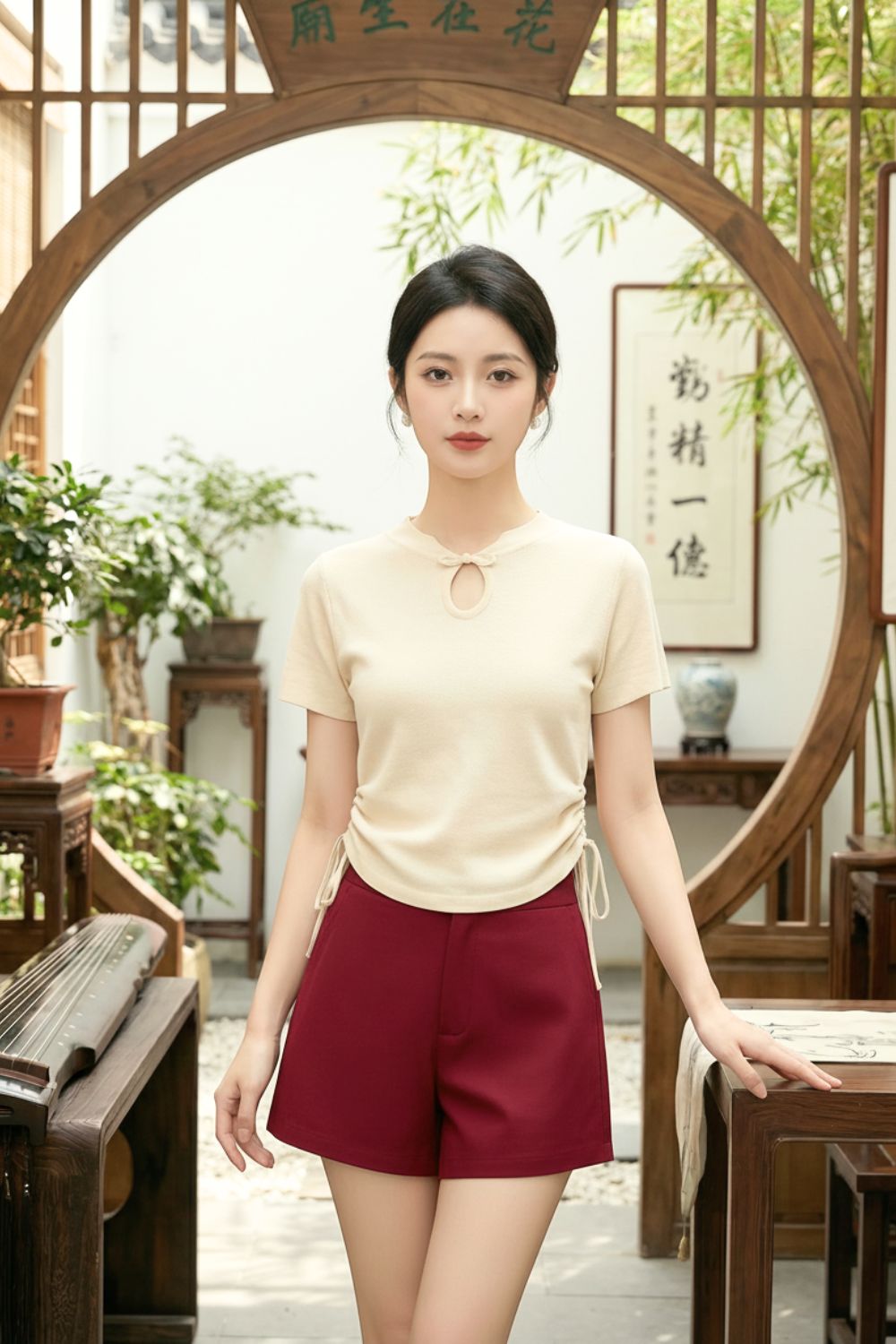 Gracielle Ruched Drawstring Knit Cheongsam Top Cream