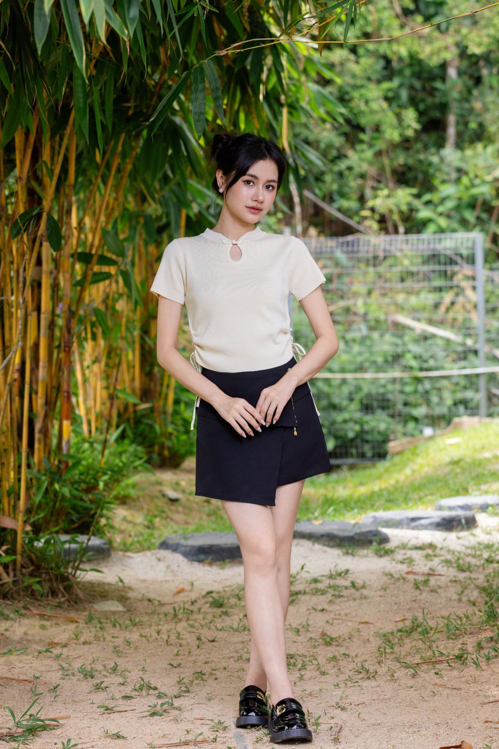 Gracielle Ruched Drawstring Knit Cheongsam Top Cream