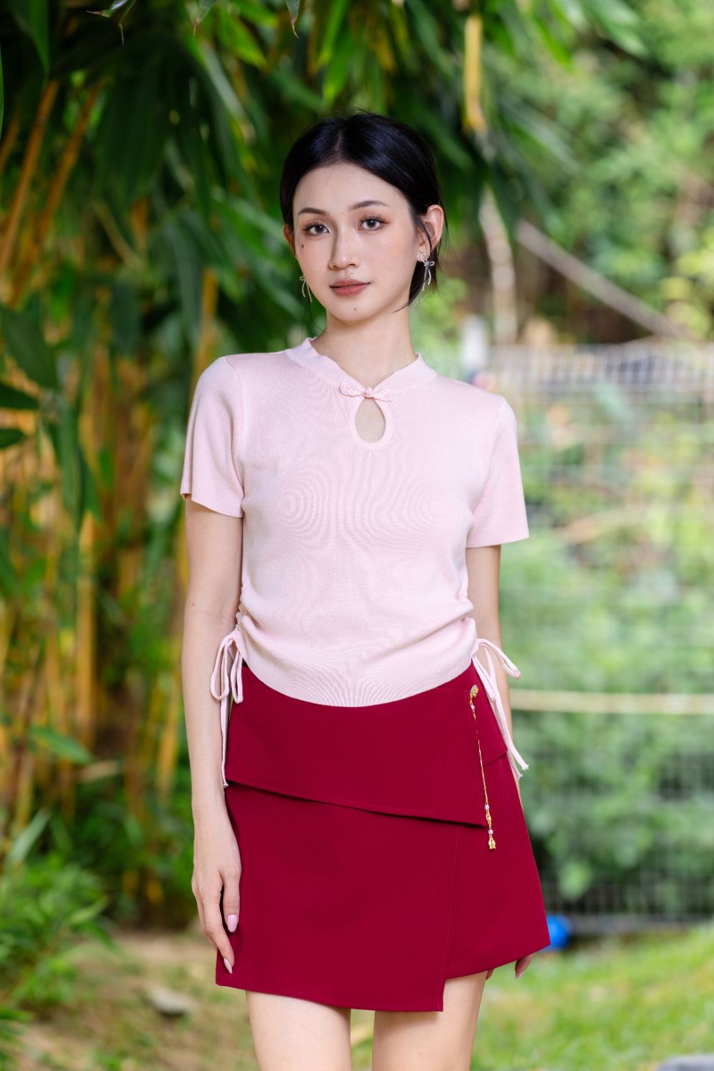 Gracielle Ruched Drawstring Knit Cheongsam Top Blush