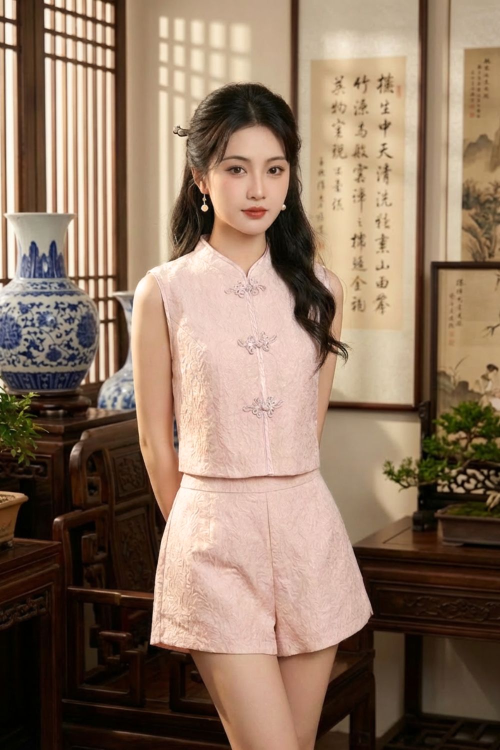 Philomena Jacquard Cheongsam Top Blush