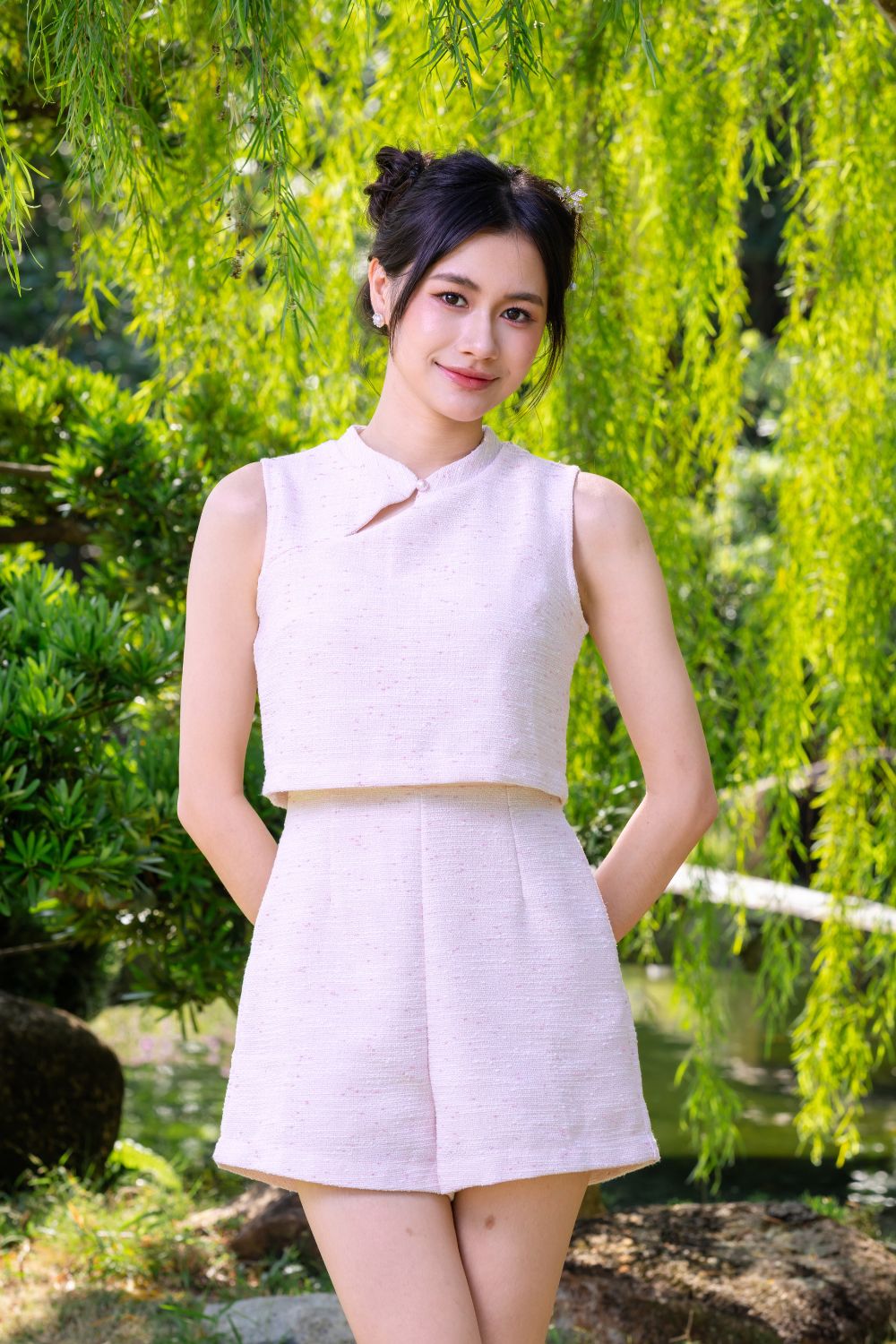 Roswyn Mix Thread Tweed Cheongsam Romper Blush