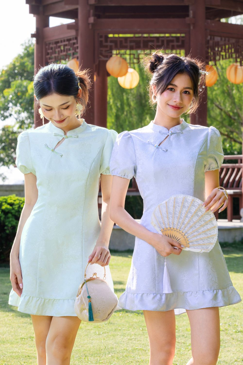 Virelith Cheongsam Dress With Lotus Hem Light Blue