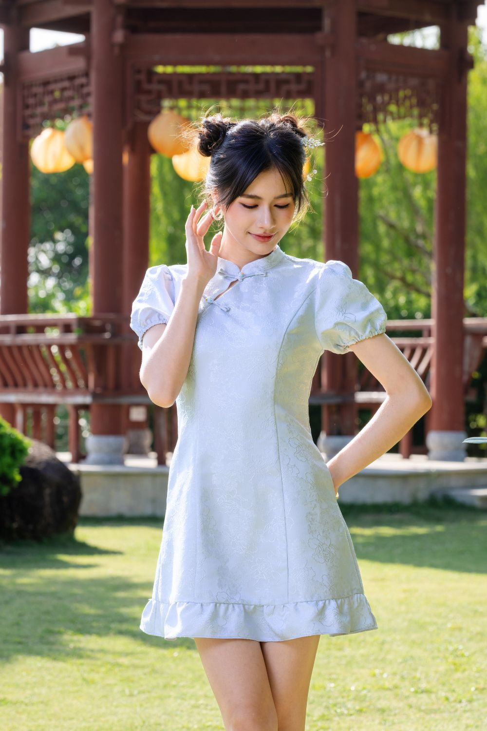 Virelith Cheongsam Dress With Lotus Hem Light Blue