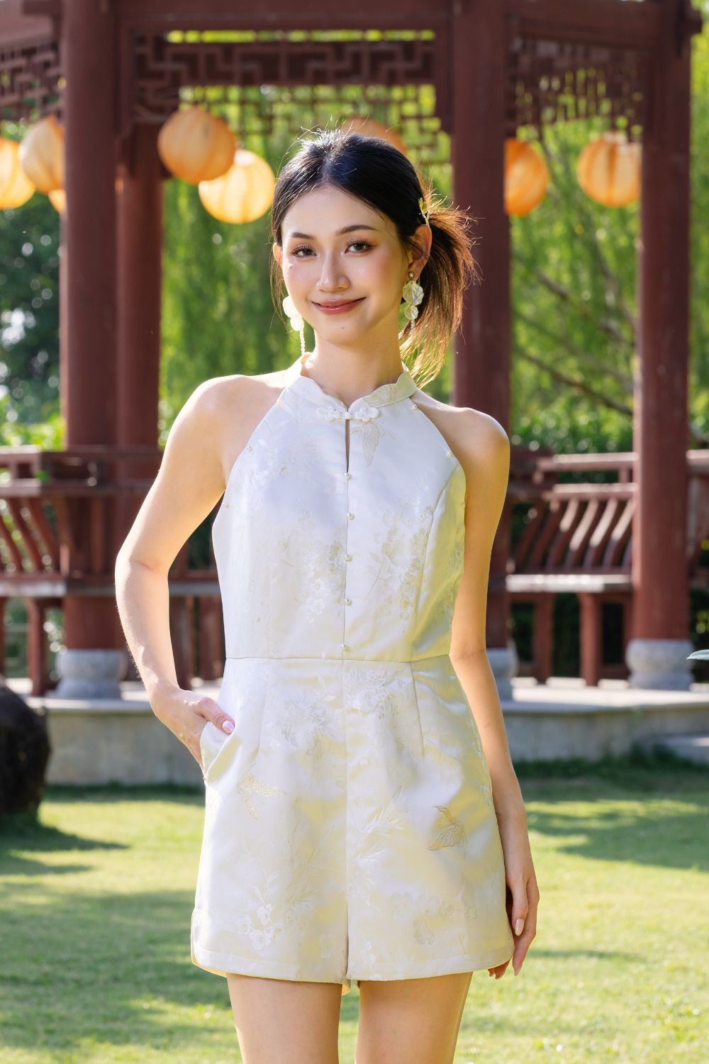 Lythia Scallop Pearl Jacquard Cheongsam Romper Beige