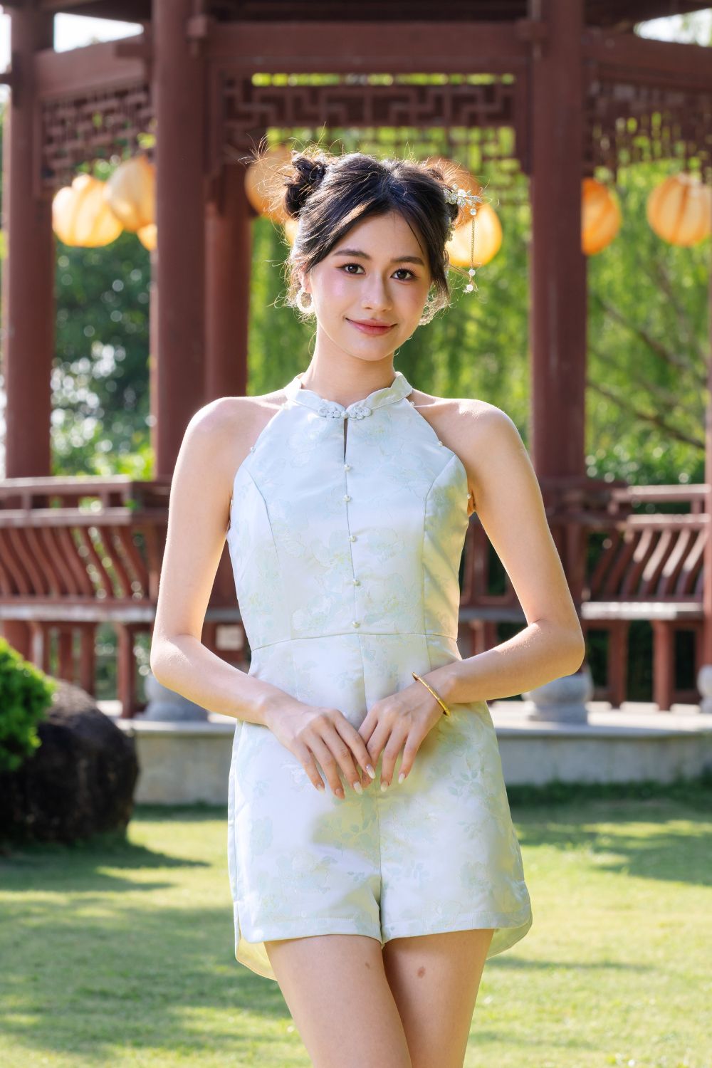 Lythia Scallop Pearl Jacquard Cheongsam Romper Light Blue