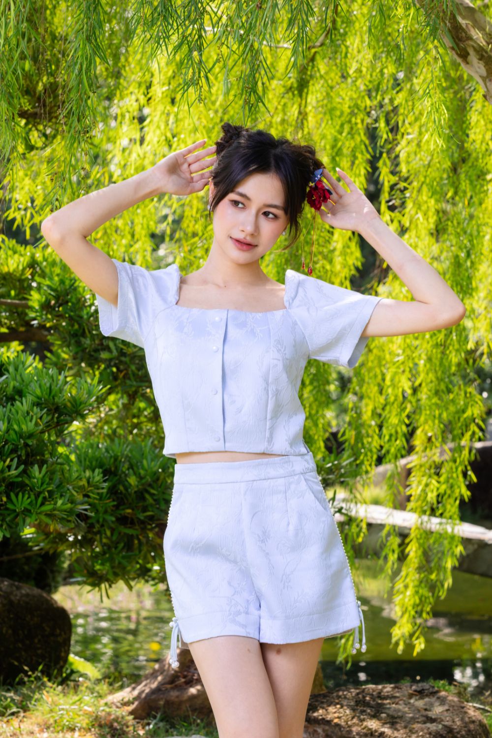 Aleena Jacquard Pearls Trims Jacquard Shorts Light Blue