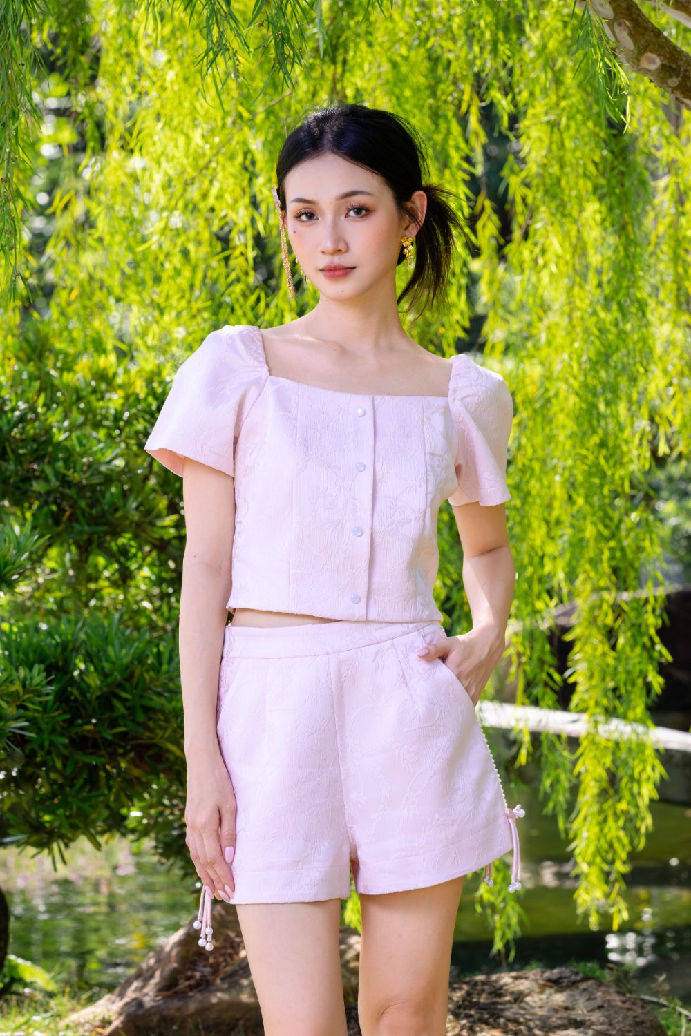 Aleena Jacquard Pearls Trims Jacquard Shorts Blush