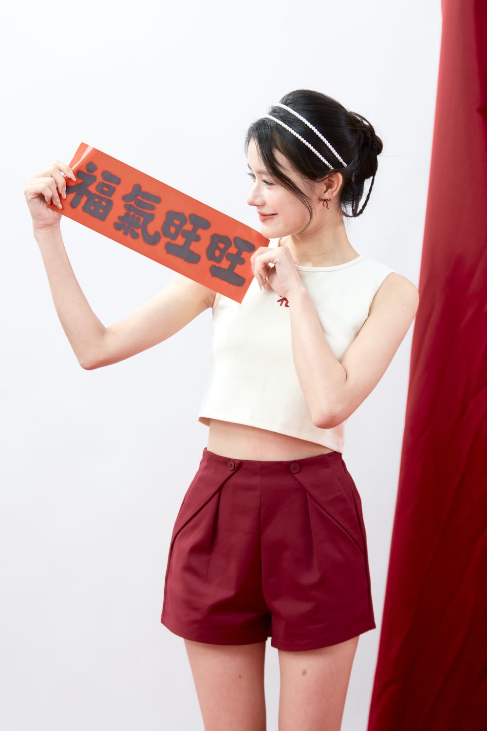 Alenor Button Flap Elastic Waist Shorts Scarlet