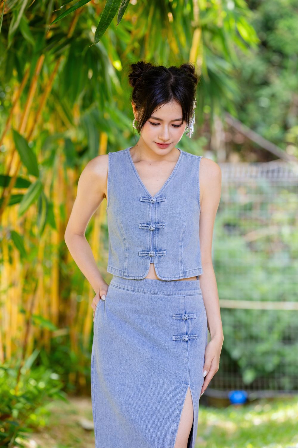 Calantha Cheongsam Denim Midi Skirt Light Wash