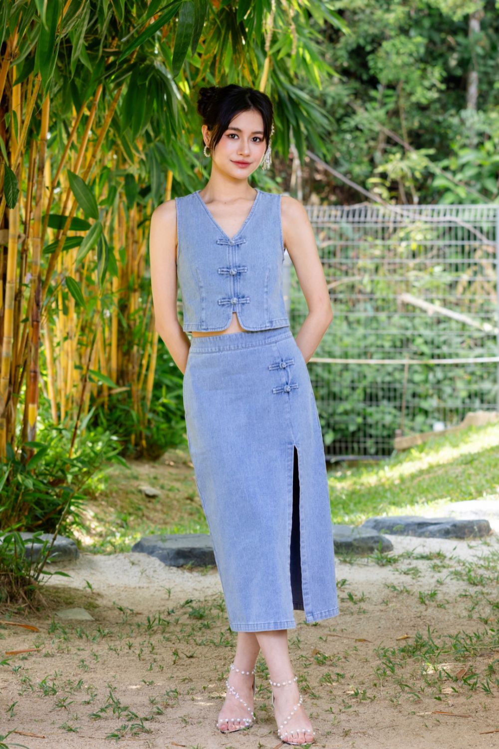 Calantha Cheongsam Denim Midi Skirt Light Wash