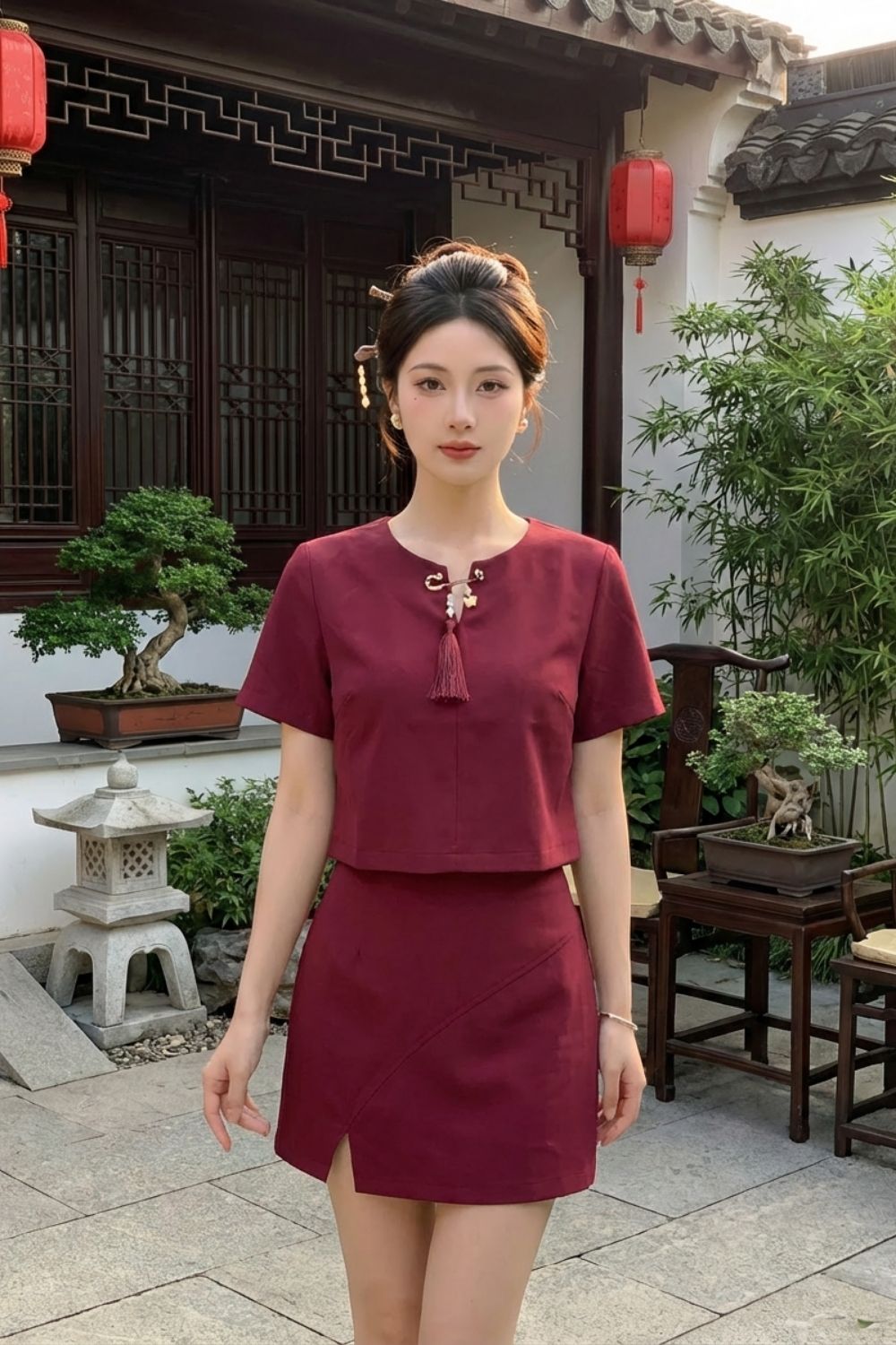 Zeraphine Asymmetrical Slit A- Line Skirt Wine