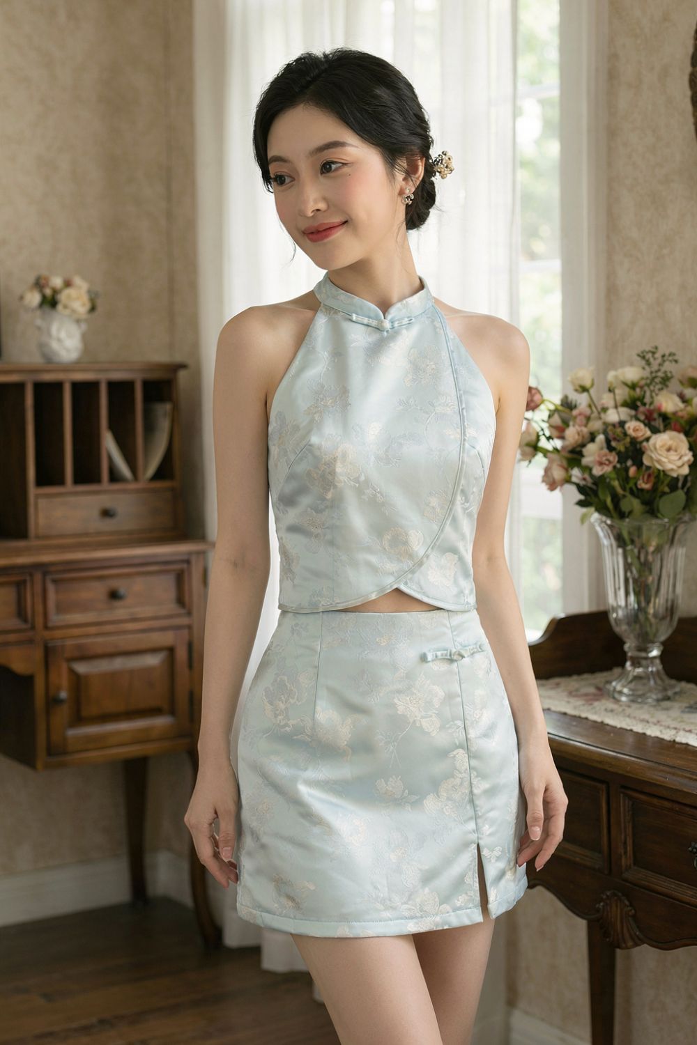 Lunéa Jacquard Cheongsam Skirt Light Blue