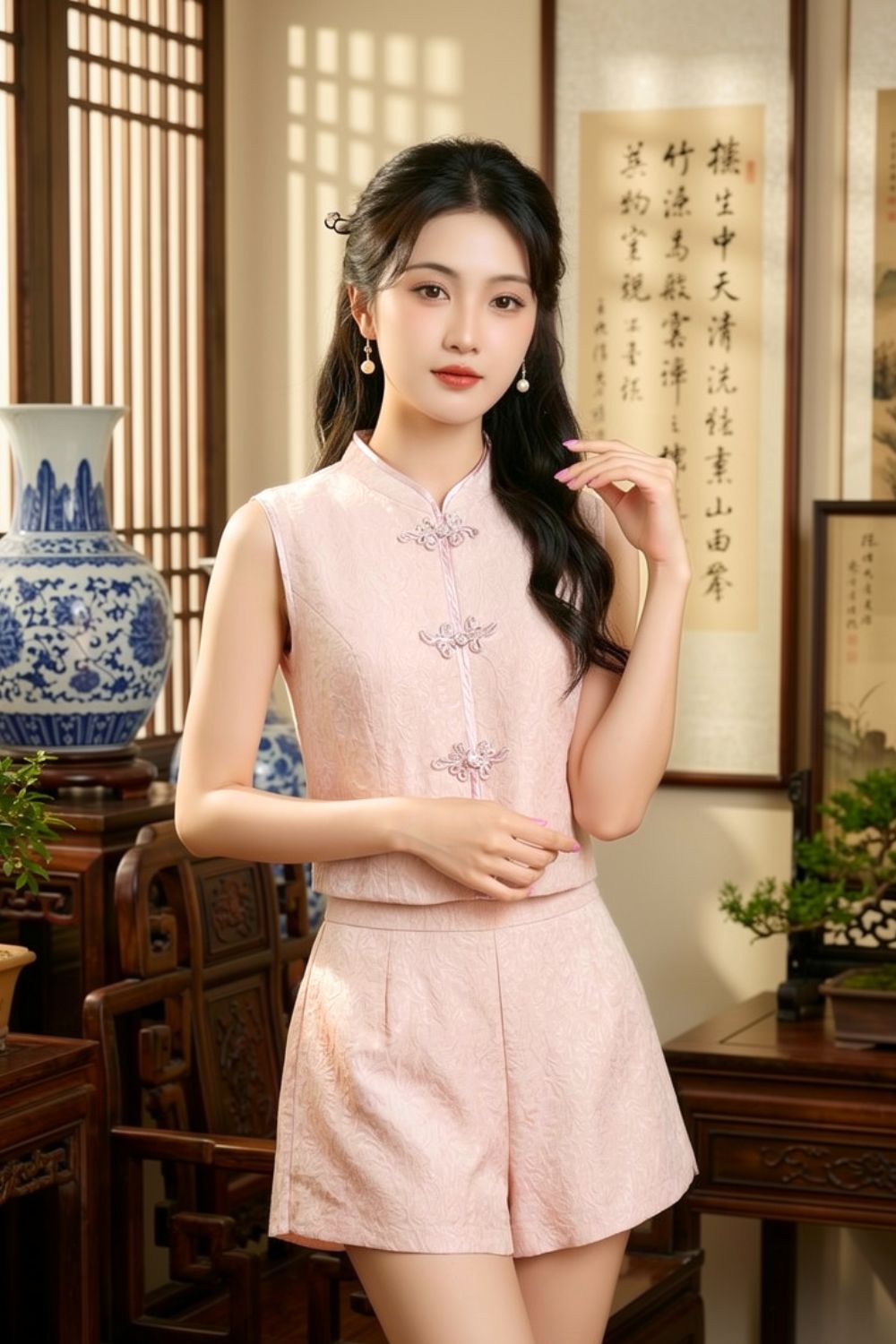 Philomena Jacquard Cheongsam Shorts Blush