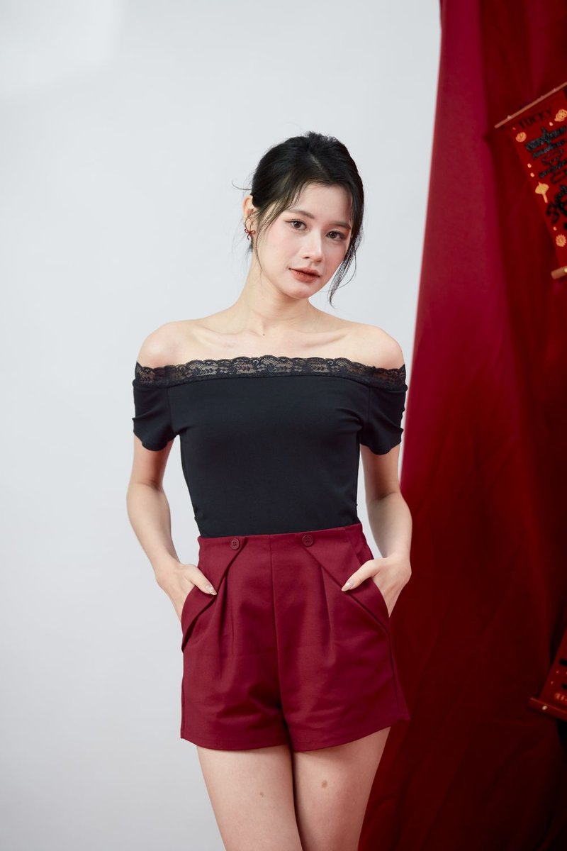 Lucette Off-Shoulder Lace Trim Jersey Top Black