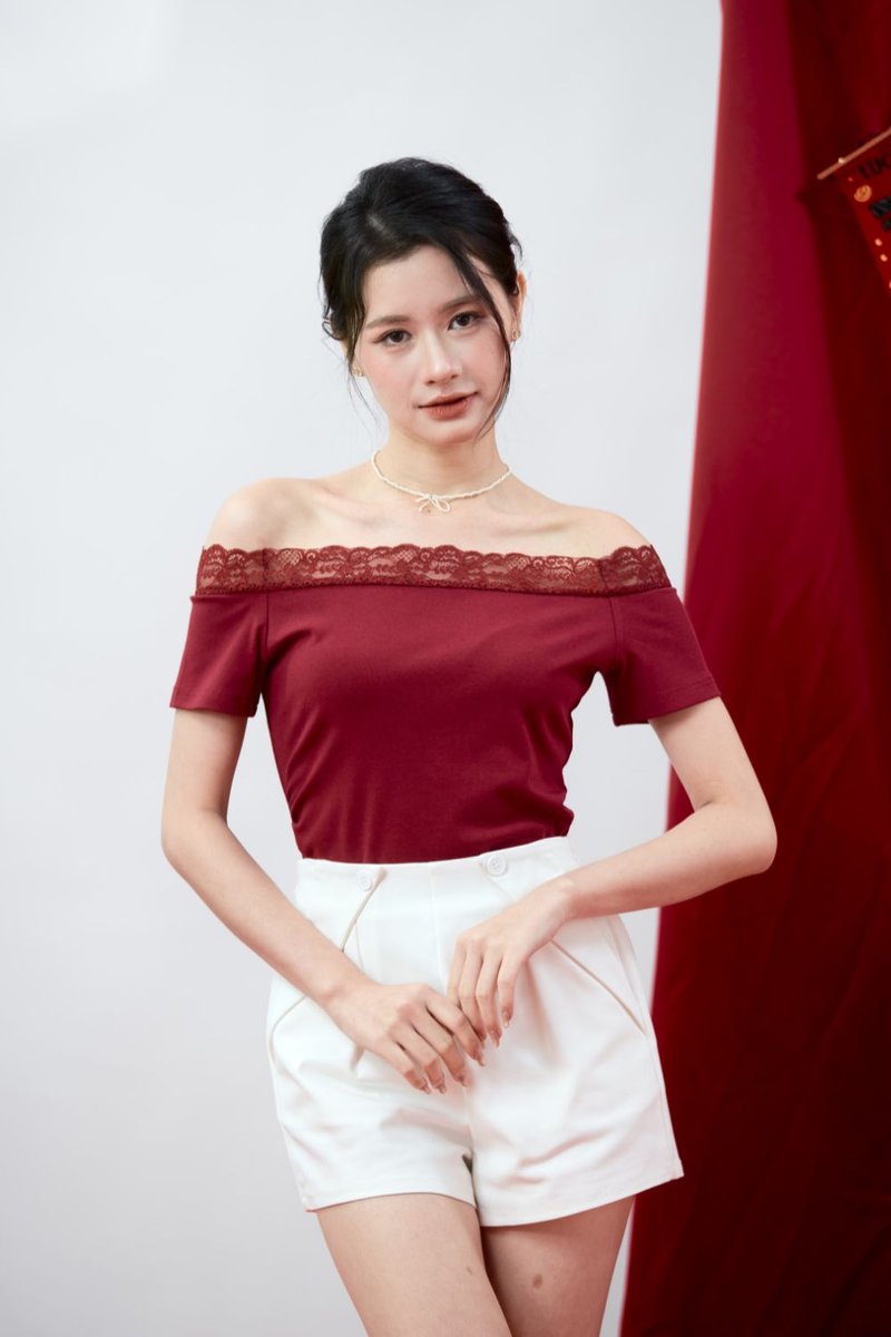 Lucette Off-Shoulder Lace Trim Jersey Top Wine