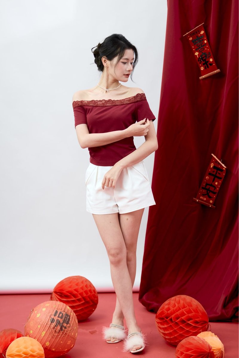 Lucette Off-Shoulder Lace Trim Jersey Top Wine