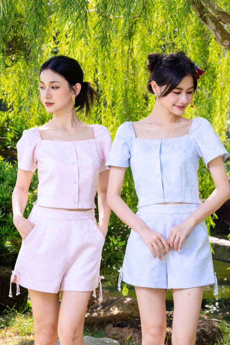 Aleena Jacquard Square Neck Top Light Blue