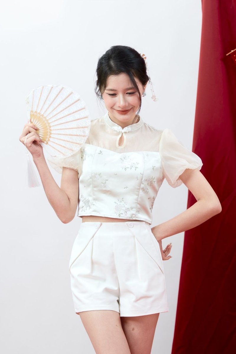 Léonie Mesh Puff Sleeve Cheongsam Top Cream