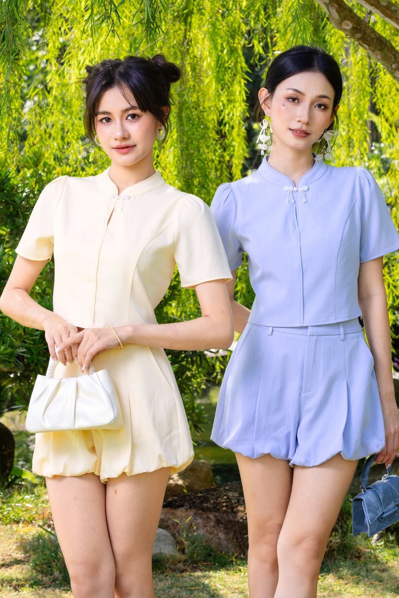 Remie Cotton Blend Cheongsam Top Light Blue