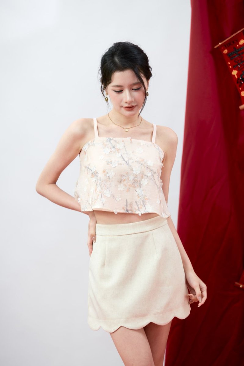 Viona Mesh Textured Floral Spaghetti Top Cream