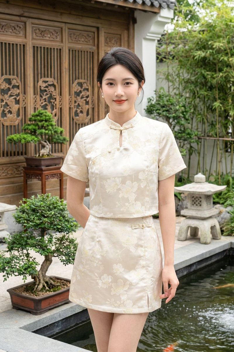 Lunéa Jacquard Cheongsam Top Beige