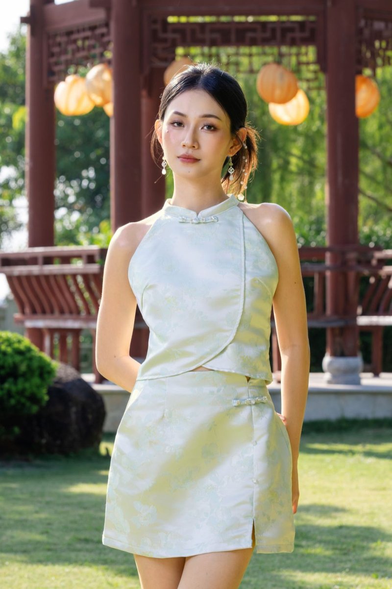 Lunéa Jacquard halter Cheongsam Top Light Blue