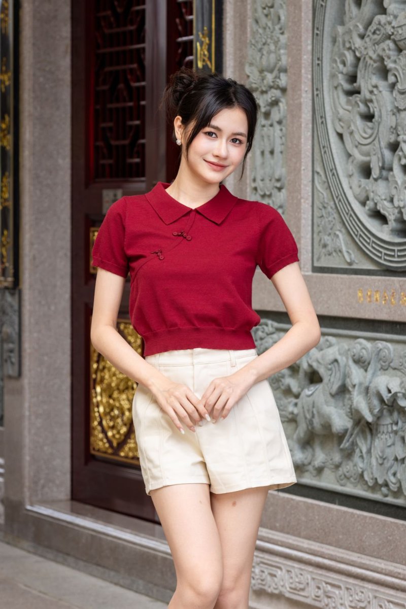 Ismene Chinese Knot Polo Top Scarlet