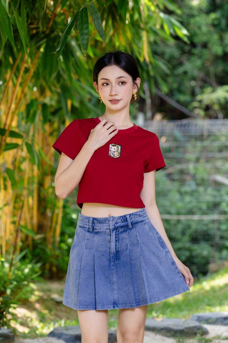 [BACKORDER] MahJong Horse Embroidery Crop Top Scarlet