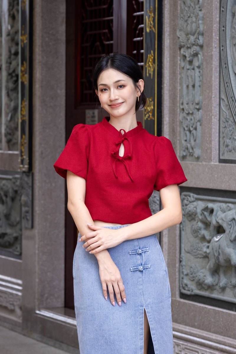 Olivra Textured Puff Sleeve Ribbon Cheongsam Top Scarlet