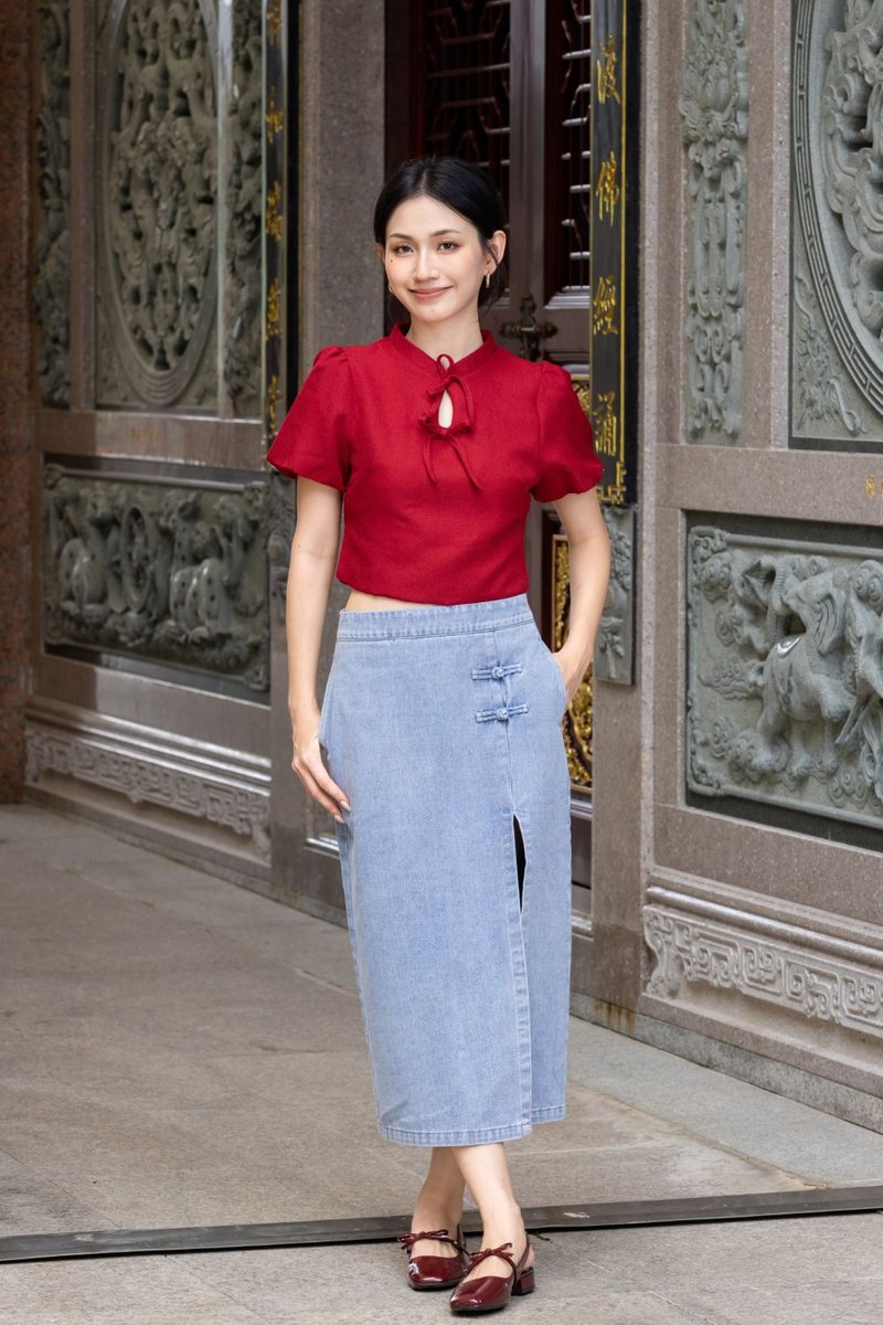 Olivra Textured Puff Sleeve Ribbon Cheongsam Top Scarlet