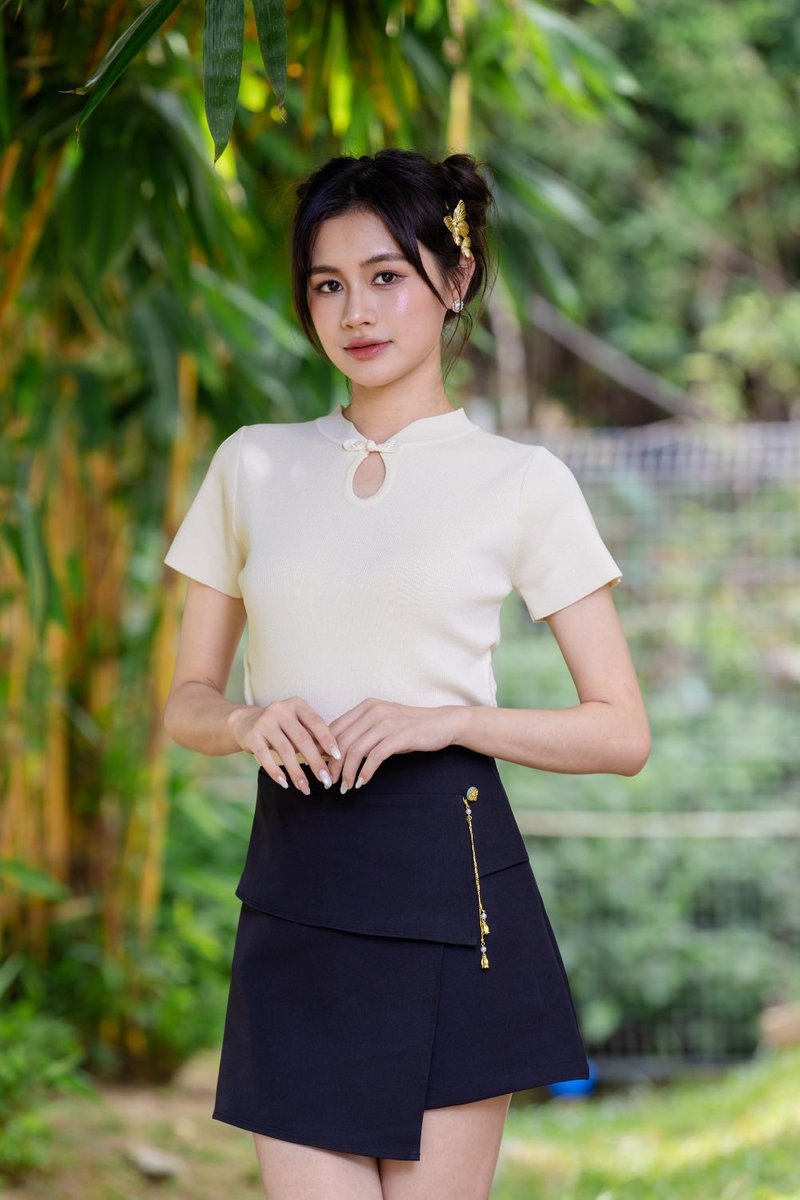 Gracielle Ruched Drawstring Knit Cheongsam Top Cream