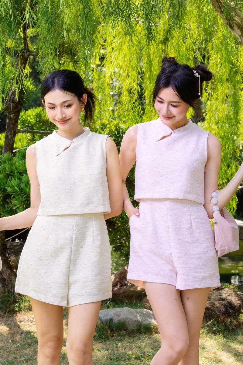 Roswyn Mix Thread Tweed Cheongsam Romper Cream