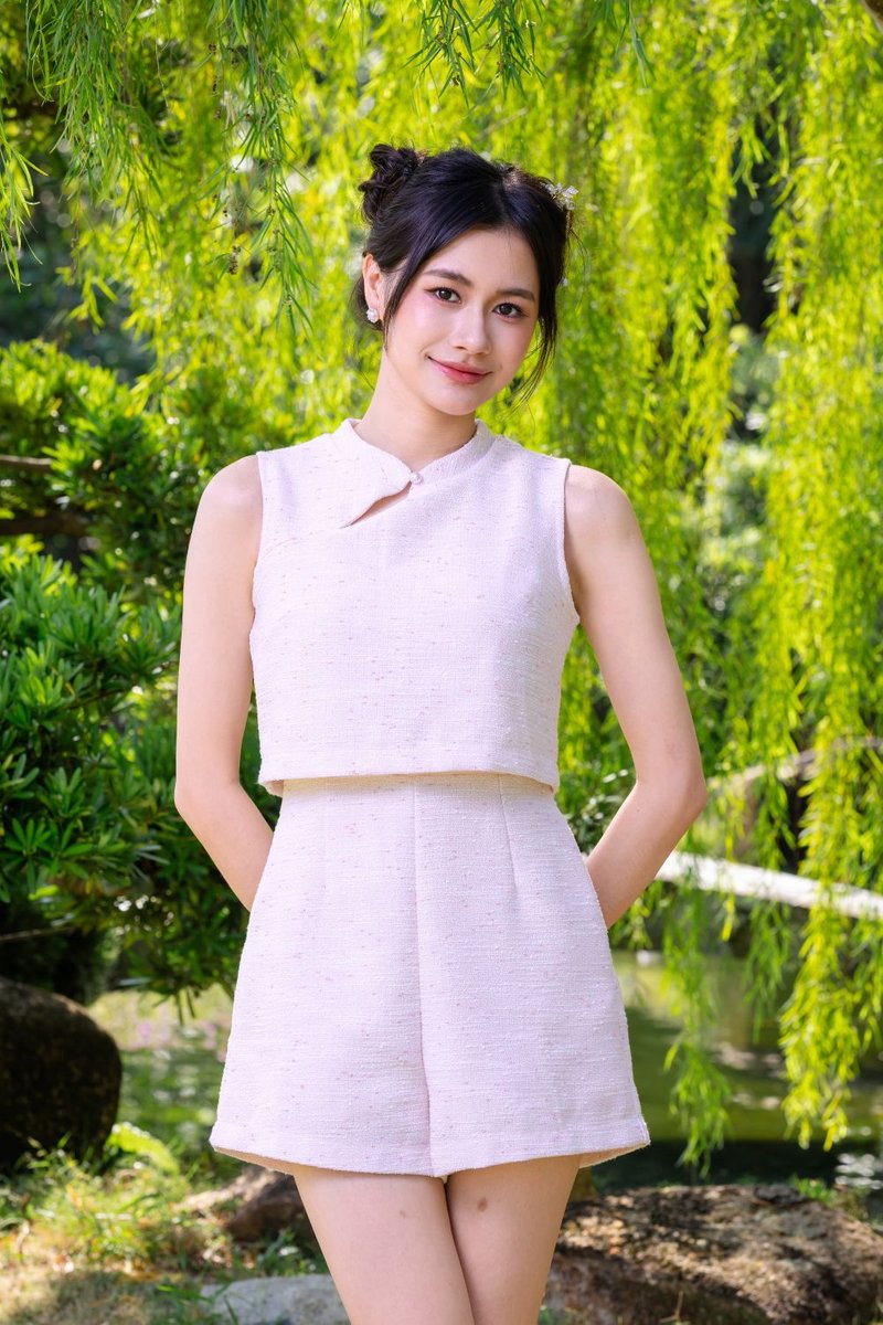 Roswyn Mix Thread Tweed Cheongsam Romper Blush