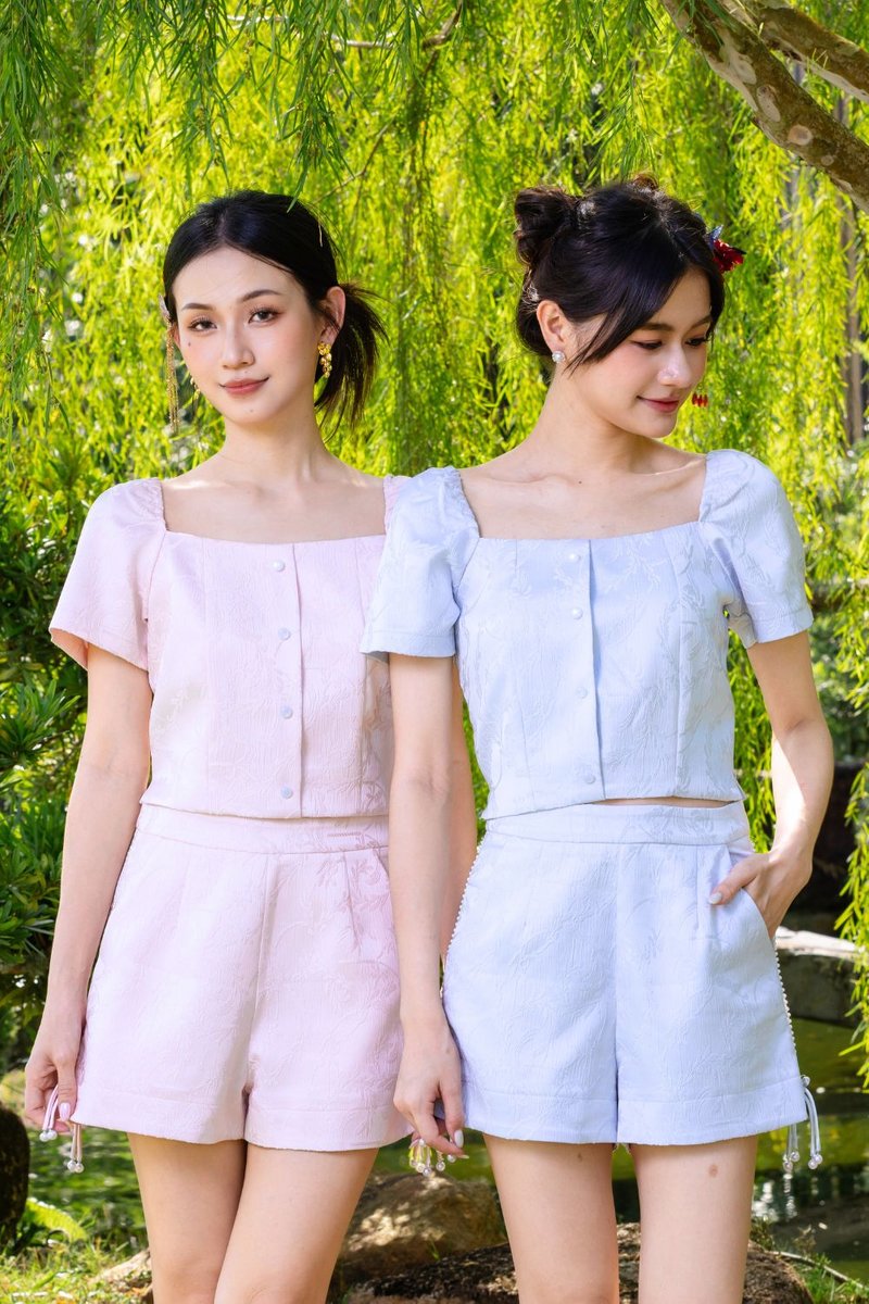 Aleena Jacquard Pearls Trims Jacquard Shorts Light Blue