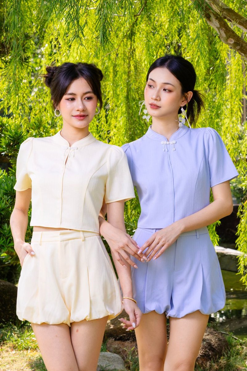 Remie Cotton Blend Bubble Cheongsam Shorts Cream