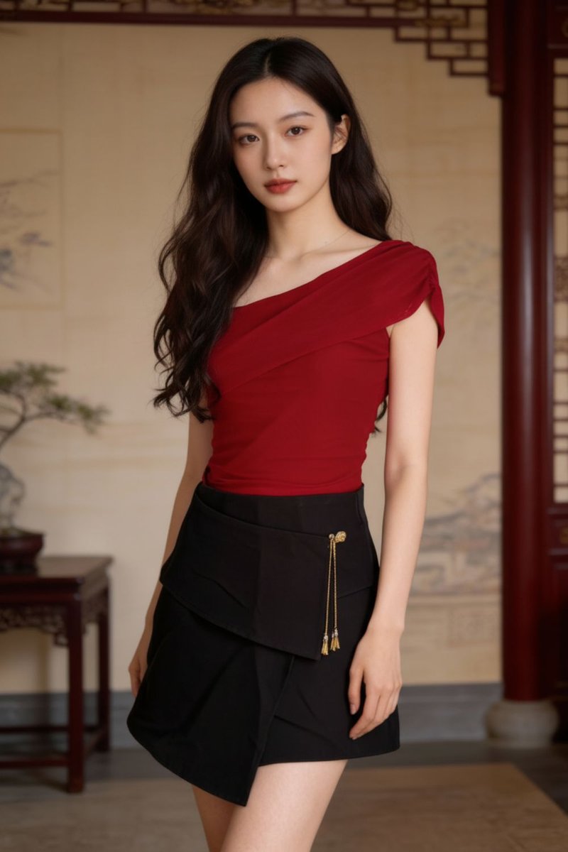 Brinley Asymmetrical Overlap Chinese Skirt Black