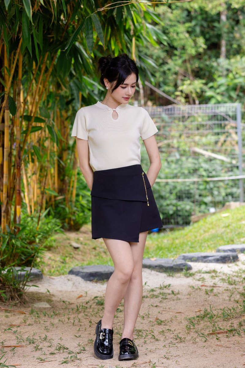 Brinley Asymmetrical Overlap Chinese Skirt Black