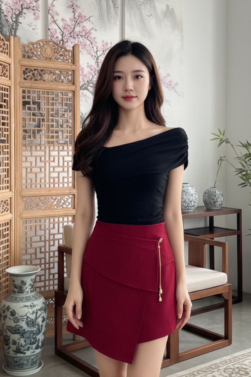Brinley Asymmetrical Overlap Chinese Skirt Scarlet