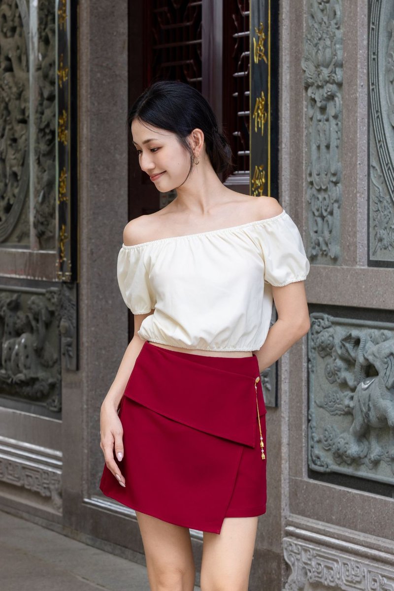 Brinley Asymmetrical Overlap Chinese Skirt Scarlet