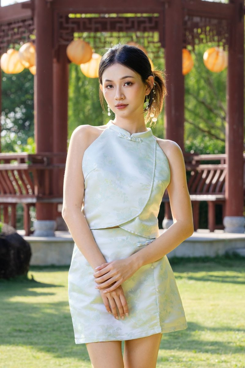 Lunéa Jacquard Cheongsam Skirt Light Blue