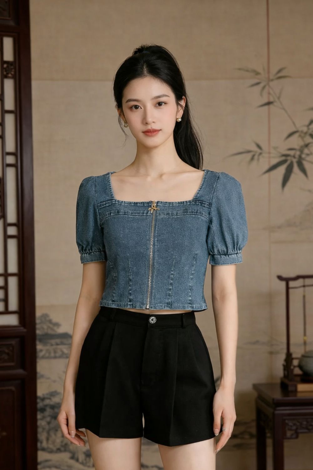 Mila Denim Cropped Zip Top Dark Wash