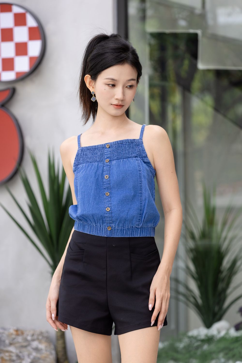 Lunarae Smock Spaghetti Denim Top Dark Wash