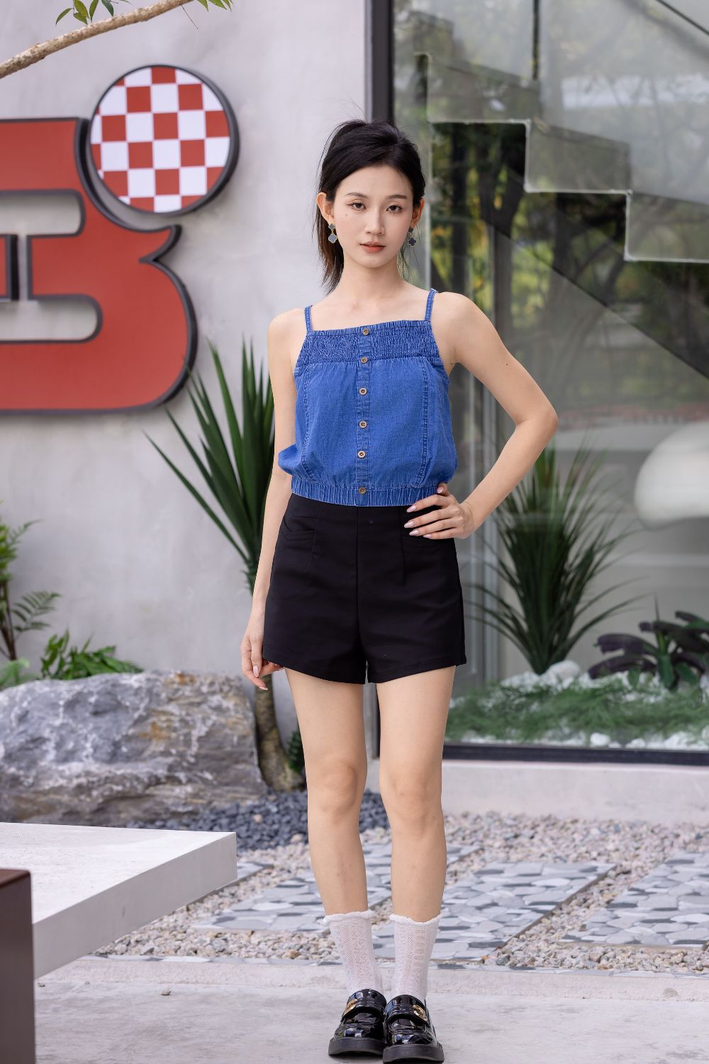 Lunarae Smock Spaghetti Denim Top Dark Wash