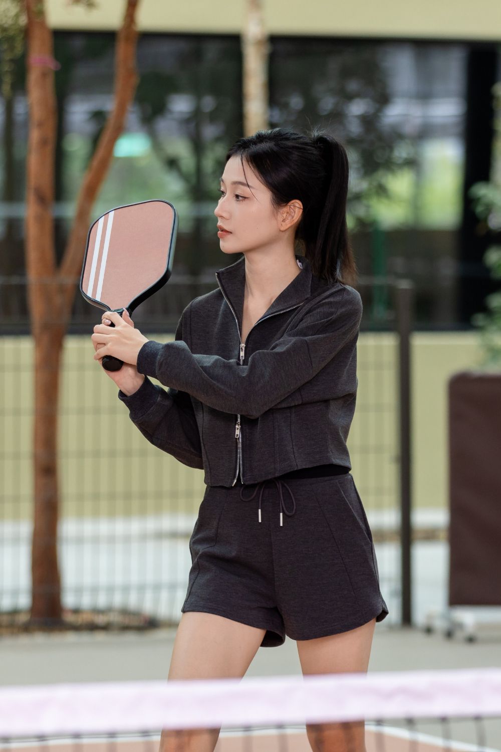 Rivena Athleisure Two Way Zip Jacket Top Grey