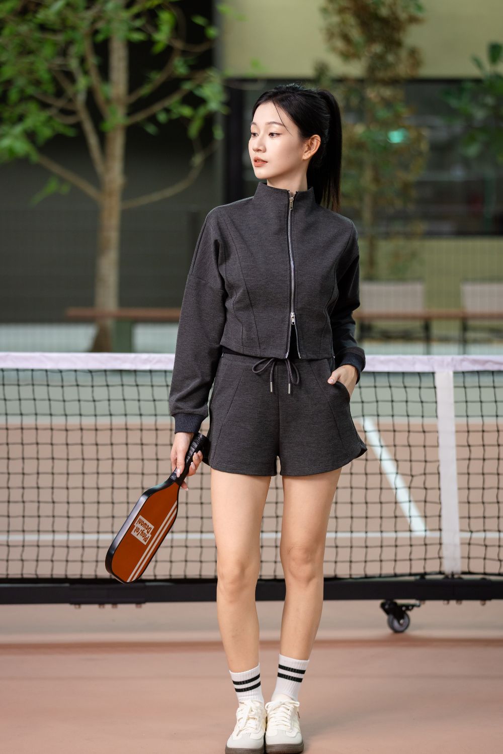 Rivena Athleisure Drawstring Curve Hem Shorts Grey