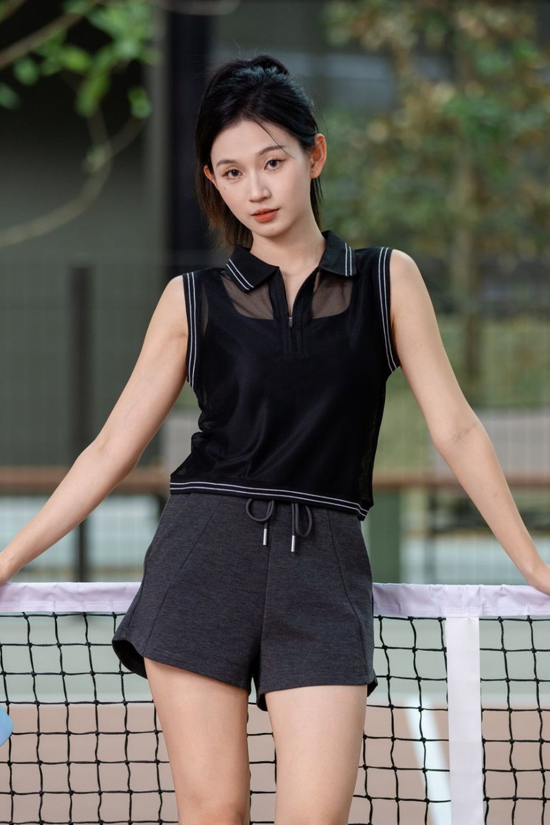 Calyra Athleisure Mesh Tank Polo Top Black
