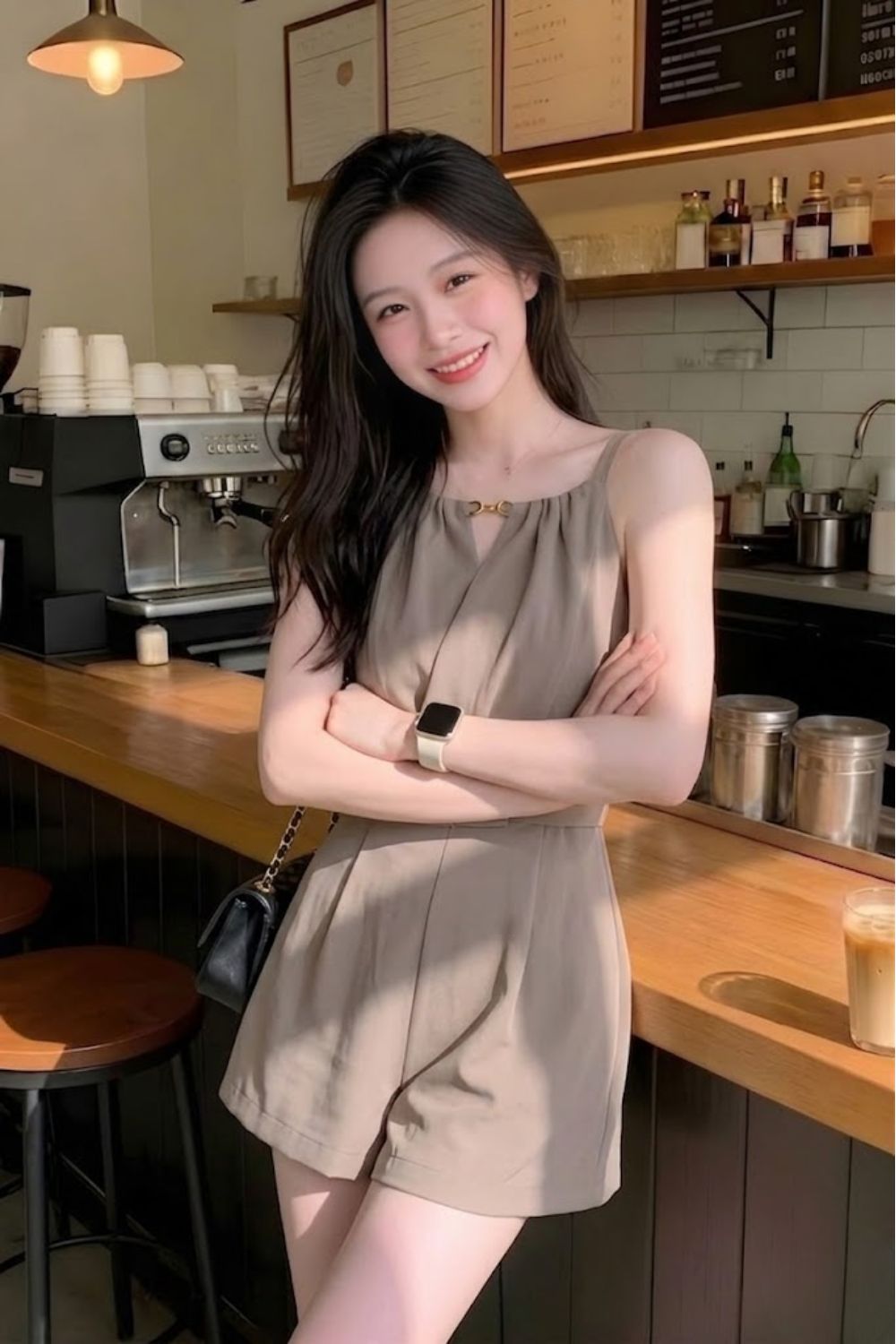 Evelique Front Twist Design Chain Romper Khaki