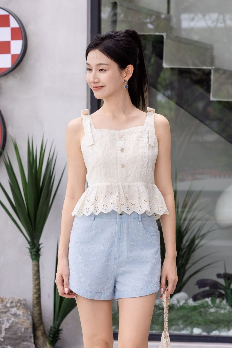 Rosalie Ribbon Strap Floral Eyelet Top Cream