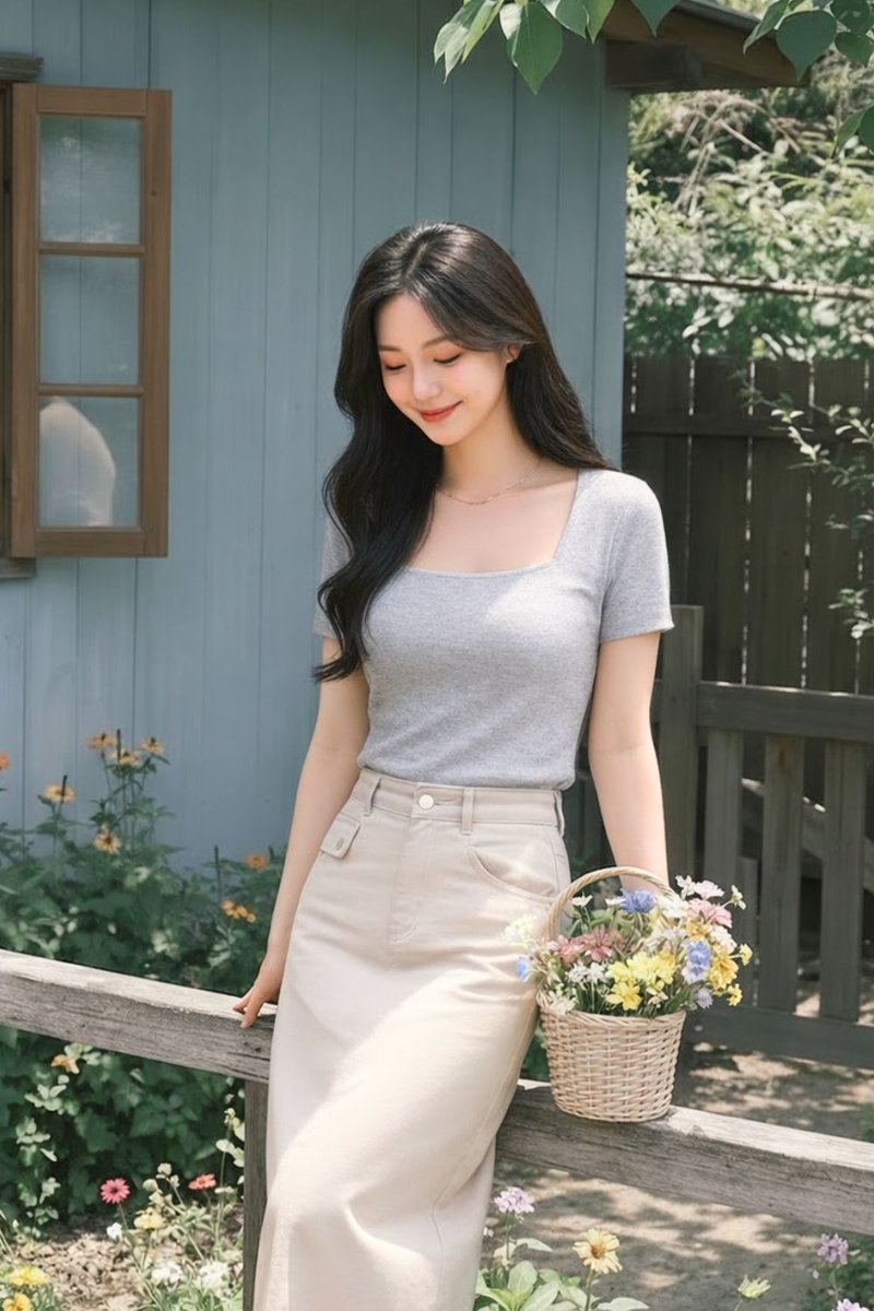 Aelune Square Neck Knit Top Grey