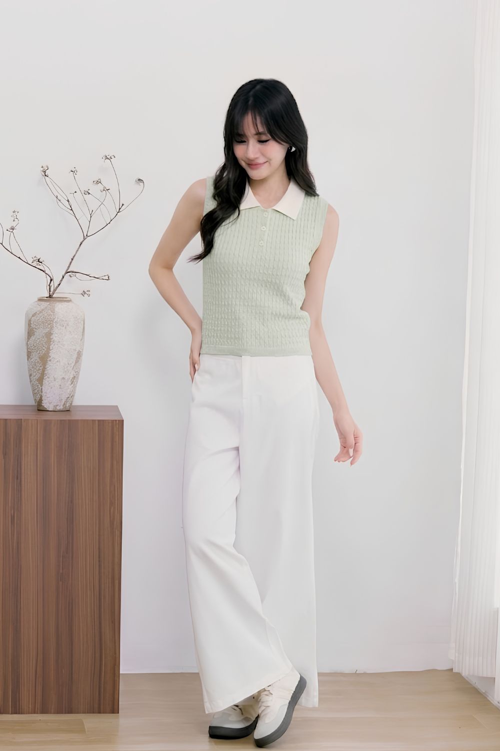 Elin Contrast Collar Cable Knit Top Mint